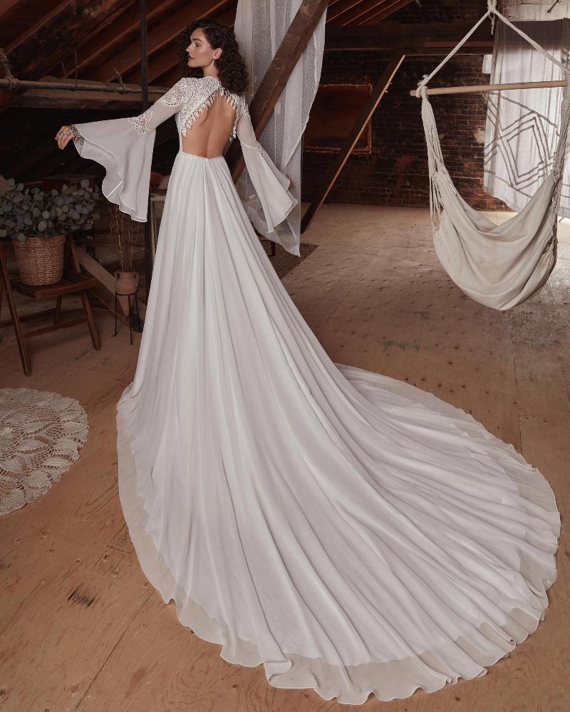 Lp2121 a line boho wedding dress with bell sleeves and slit2